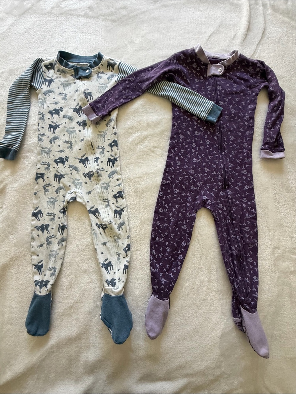2 piece Burt’s Bees Kids One-Piece Footed Pajama - Purple and Moose Print - 12M